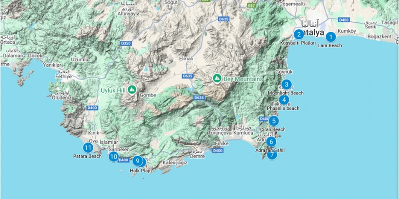 نقشه کلی از تمامی سواحل آنتالیا