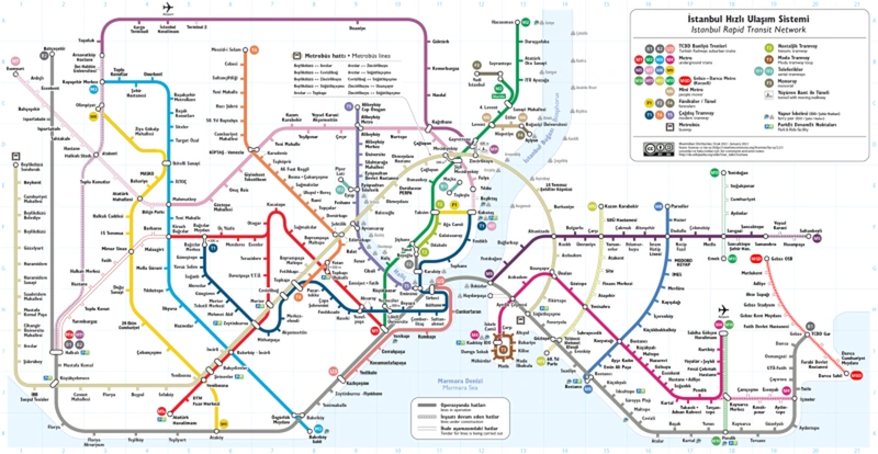 نمایی از نقشه مترو استانبول و نمایش خطوط آن با رنگهای مختلف