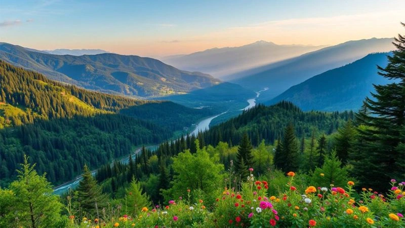منظره‌ای زیبا از دره‌ای سرسبز و پرگل در پارک ملی دِلیجان هنگام غروب آفتاب.